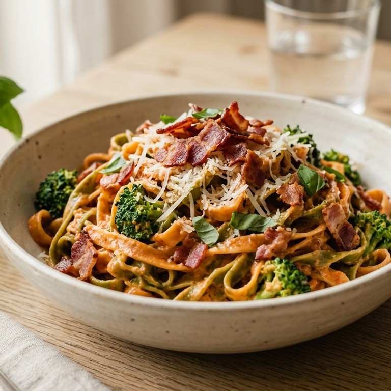 Verse pasta met pesto-roomsaus en gebakken bacon recept