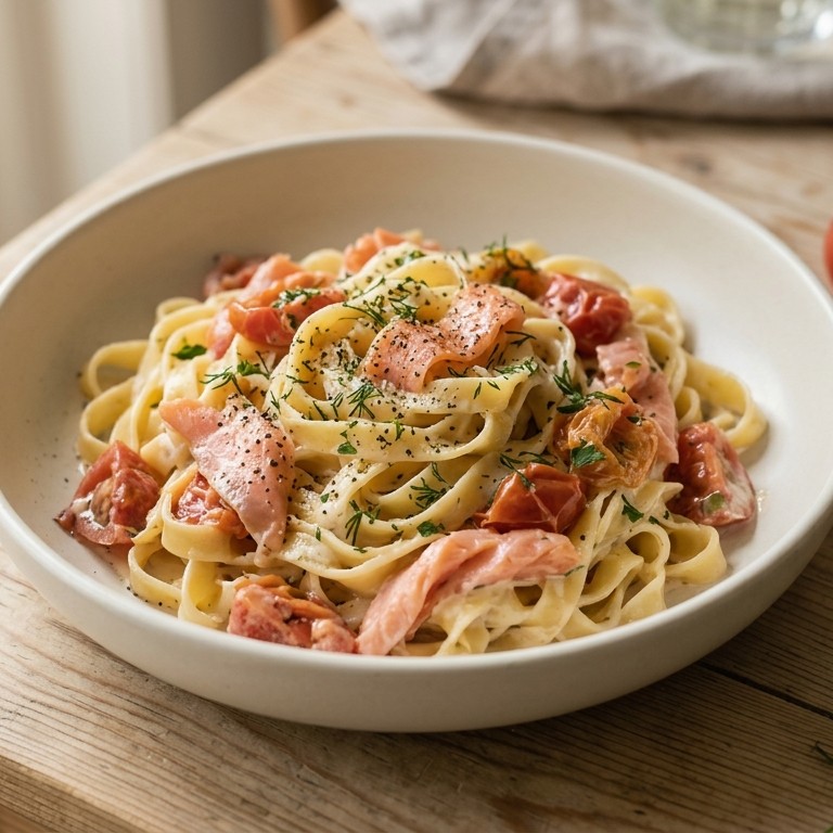 Verse pasta met zalm & tomaten recept