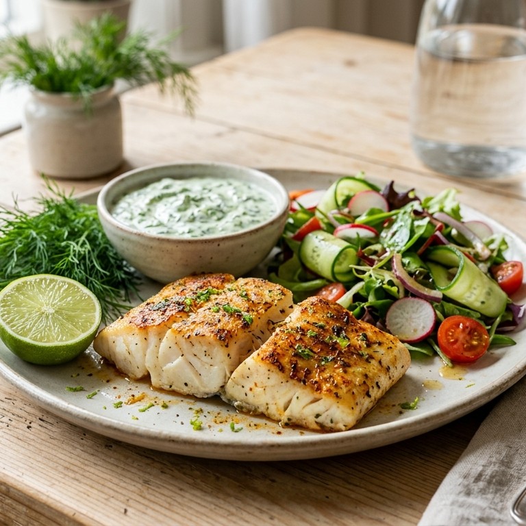 Vis met kruidenyoghurt en salade recept