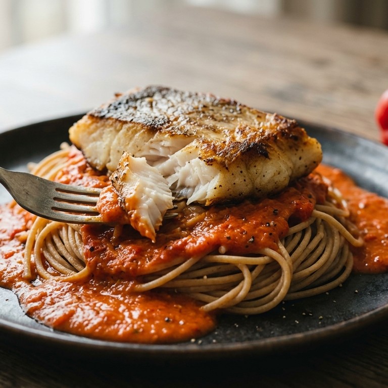 Vis met pasta met paprikasaus recept