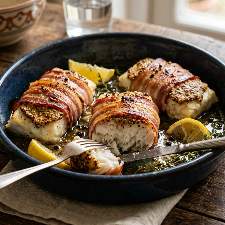 Vis uit de oven met ontbijtspek en mosterd recept