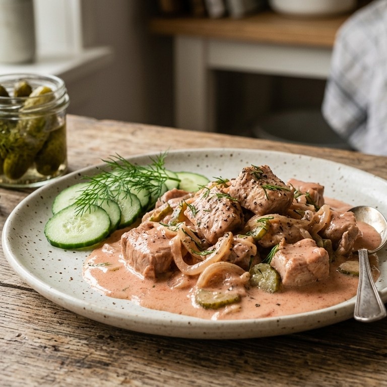 Vlees met zure room en tomatenpuree recept