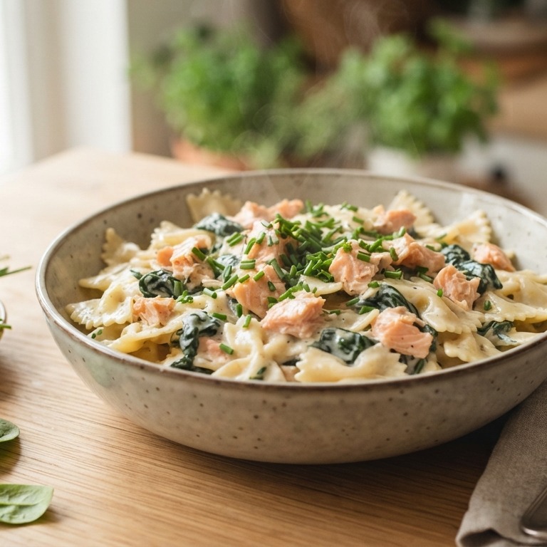 Vlinderpasta met zalm en spinazie recept