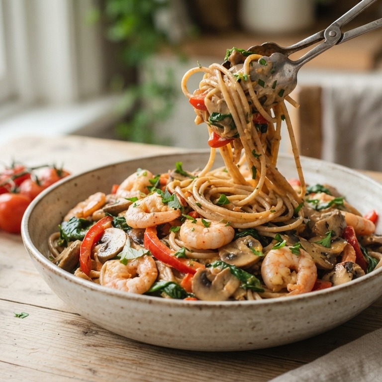 Volkoren spaghetti met garnalen, kastanjechampignons, paprika recept