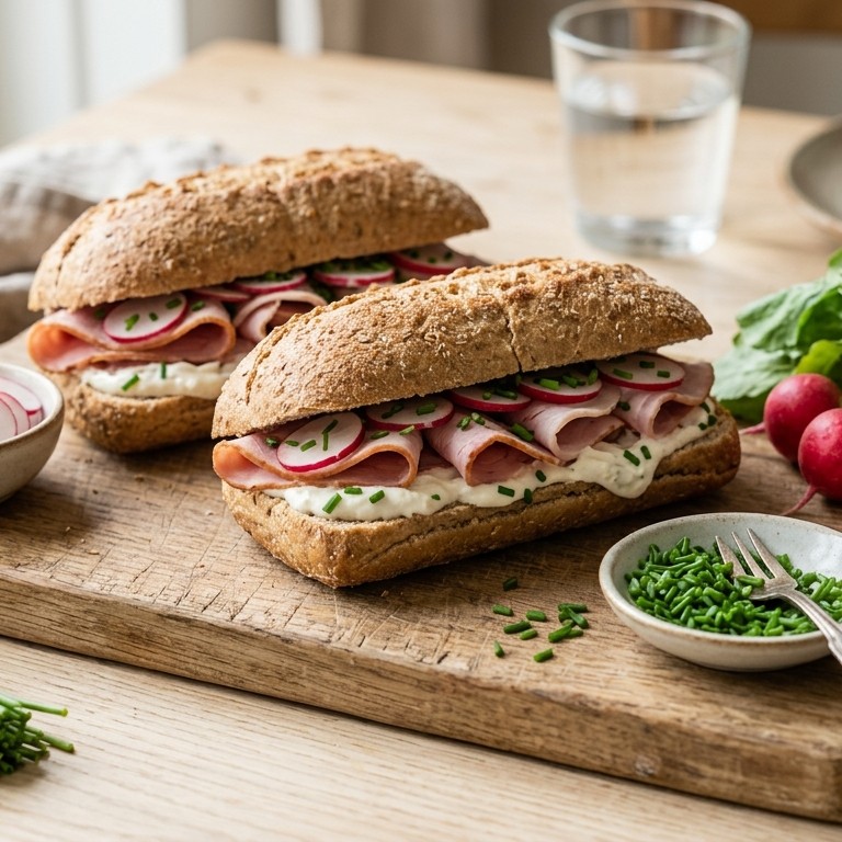 Volkorenpistoletjes met ham en mierikswortel recept