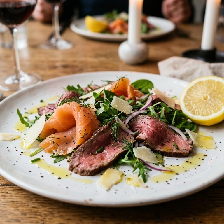 Voorgerecht van gerookte zalm en carpaccio recept