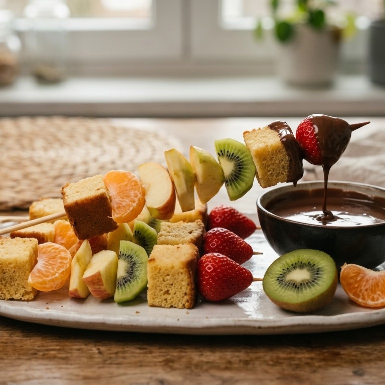 Vruchtenspiesje met cake en chocoladesaus recept