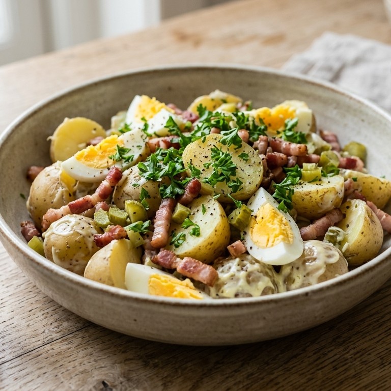 Warme salade van nieuwe aardappels, spekjes en augurkjes recept