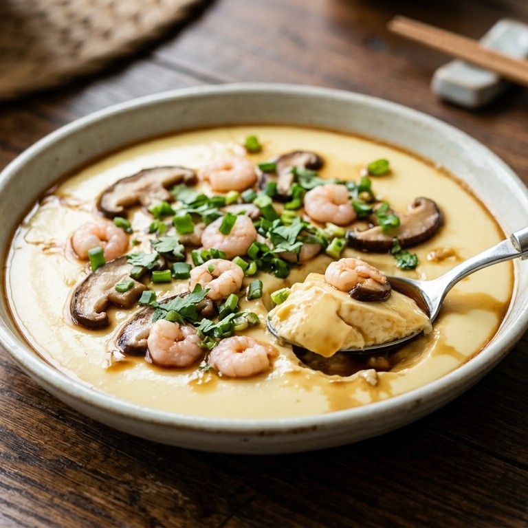 Water-ei met shiitakes en garnalen recept