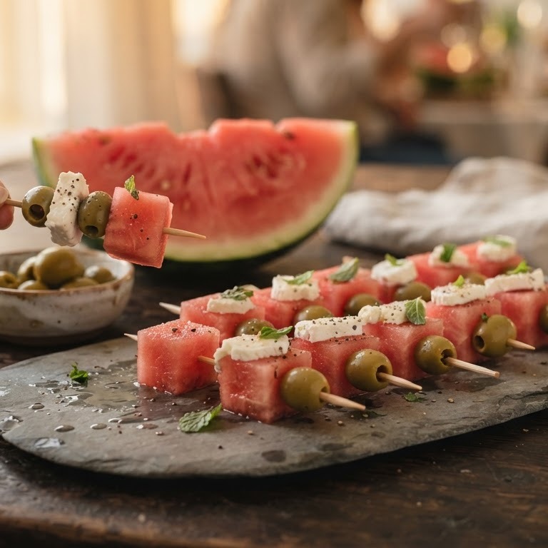 Watermeloenspiesjes met groene olijven recept