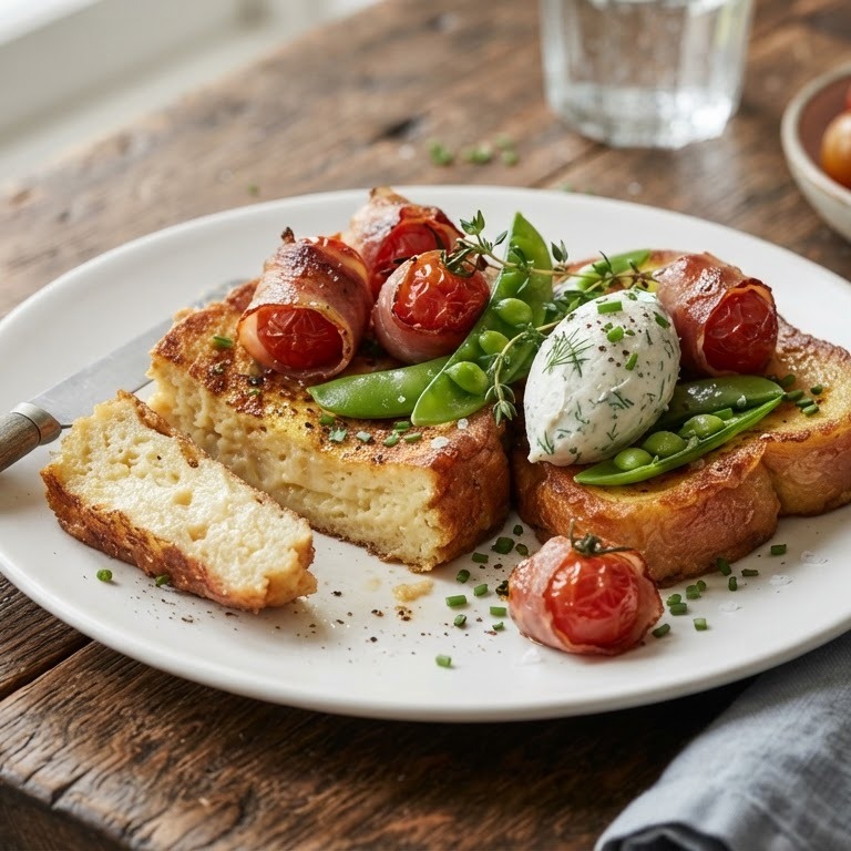 Wentelteefjes met in seranoham gewikkelde tomaatjes, sugar snaps en kruidenkaas recept
