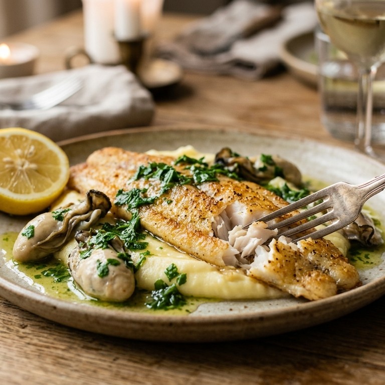 Wijting met aardappelpuree, oesters en peterseliesaus recept