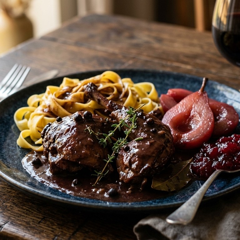 Wilde haas met cranberryjam en stoofpeertjes recept