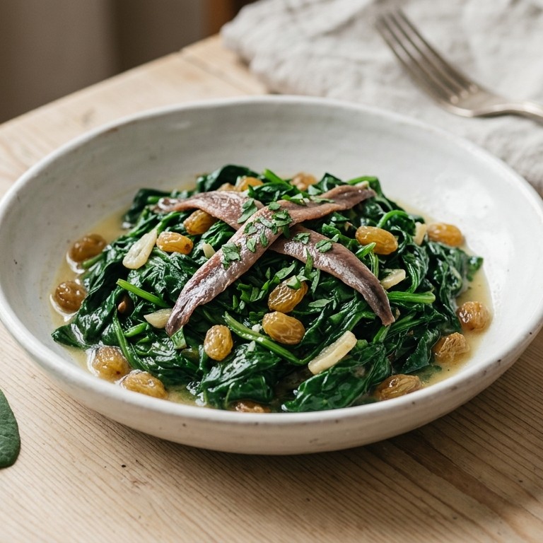 Wilde spinazie met rozijnen en ansjovis recept