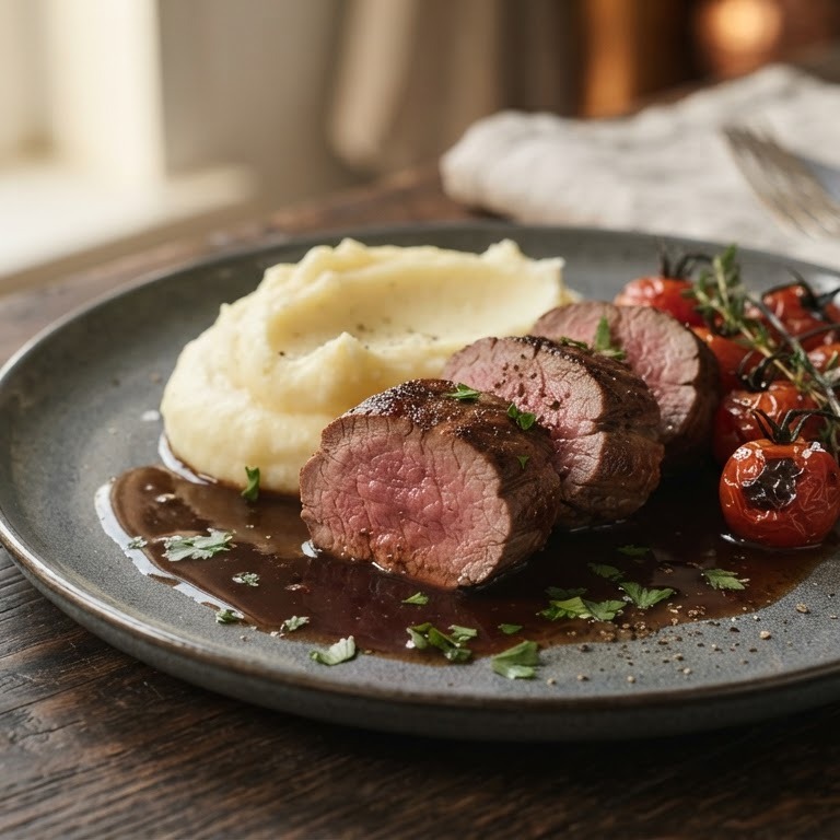 Wildzwijnmedaillons met aardappelpuree en geroosterde tomaten recept