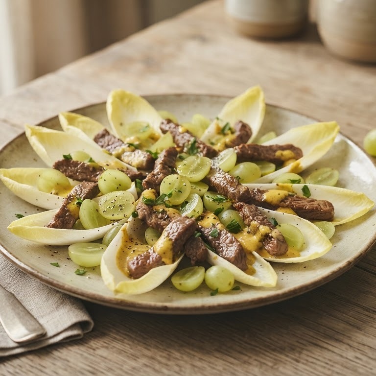 Witlof-druiven salade met biefstukreepjes recept