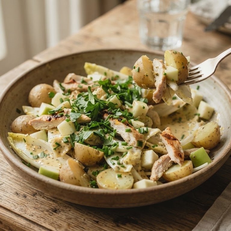Witlofsalade met aardappel, appel, kip en peterselie recept