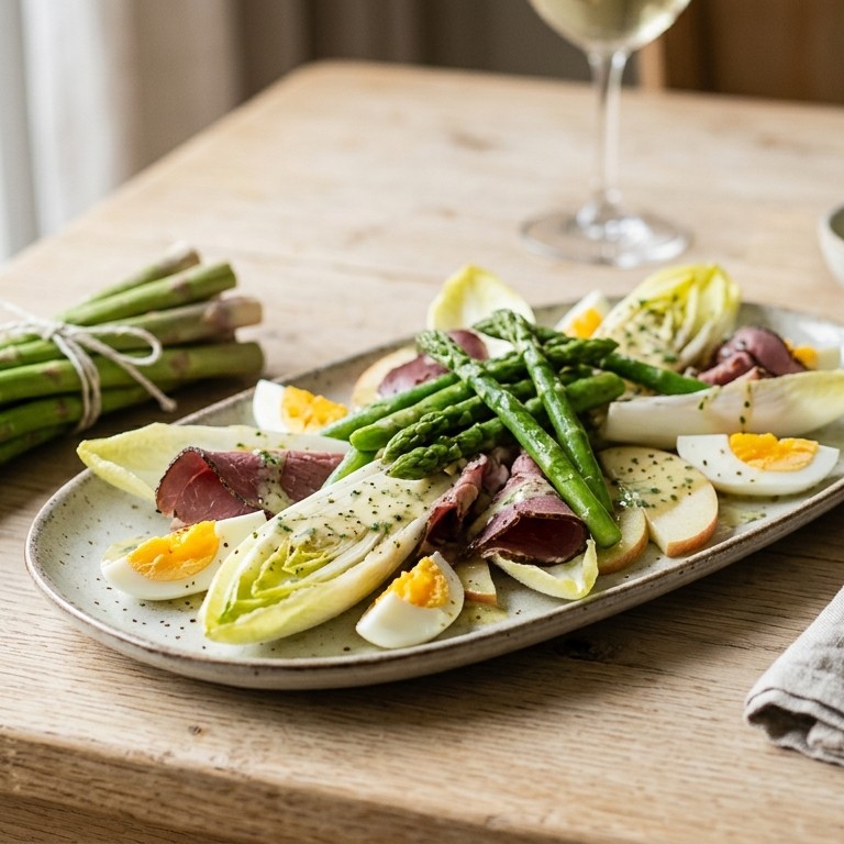 Witlofsalade met asperges en lamsham recept