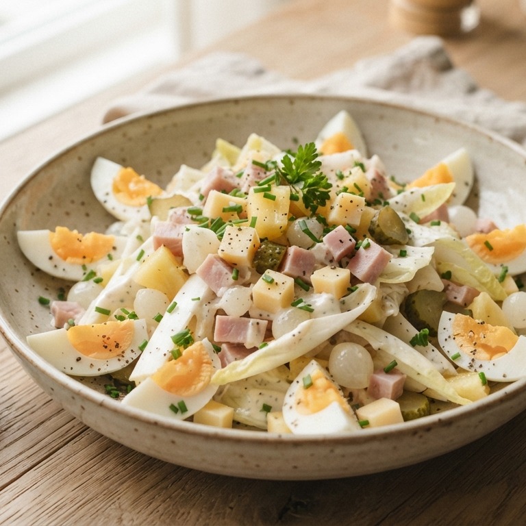 Witlofsalade met kaas, ham, ananas en ei recept