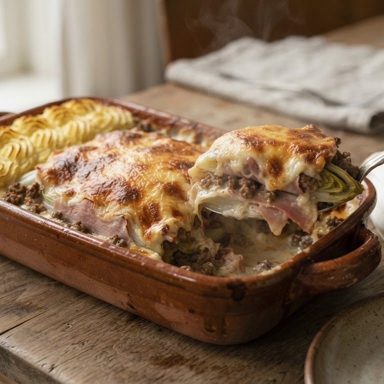 Witlofschotel met gehakt, ham en kaas recept