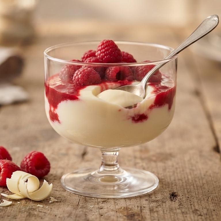 Witte chocoladepudding met frambozen recept