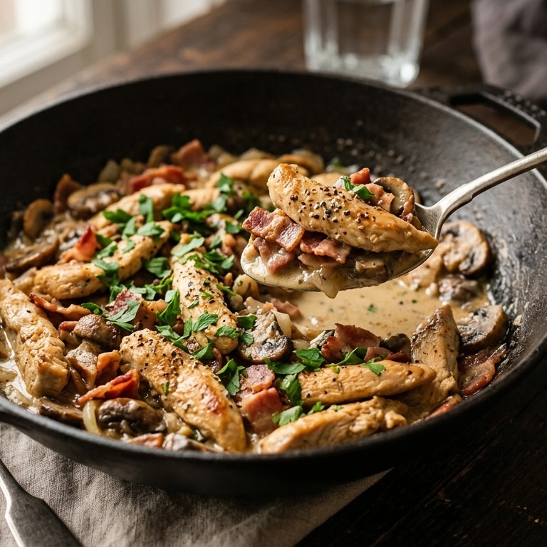 Wok met kip, spek  en champignons recept