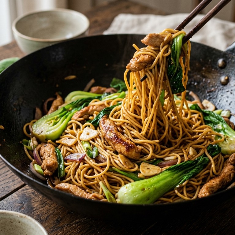 Wok noedels met kip en knoflook recept
