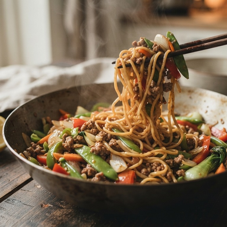 Woknoedels met gehakt en groente recept