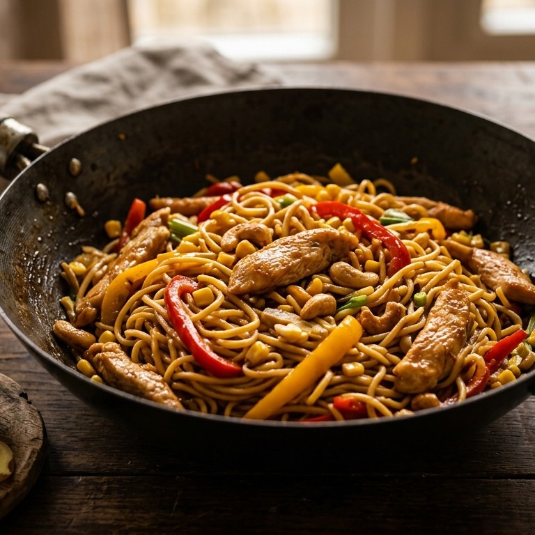 Woknoedels met gember, groenten en kip recept