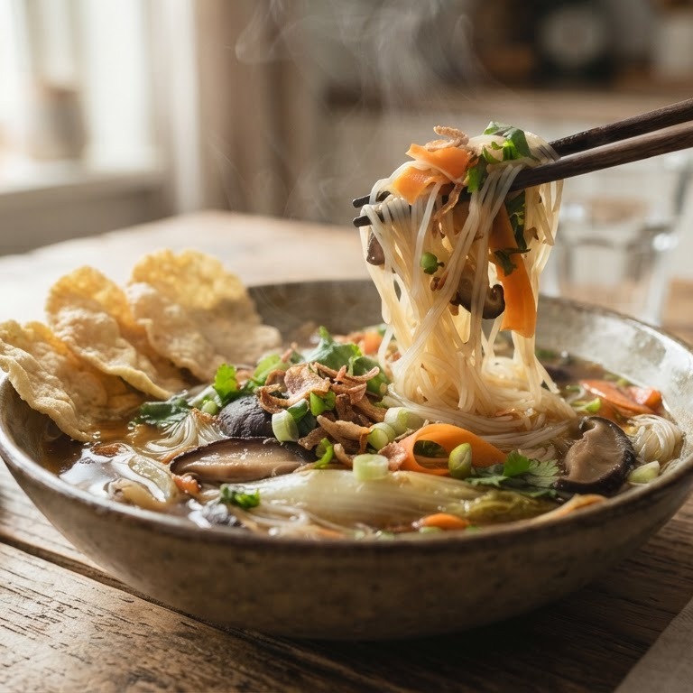 Woksoep met andijvie, mihoen en shi-take recept