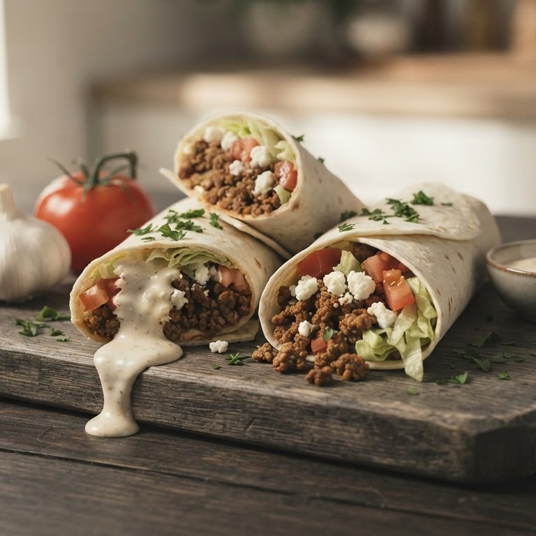Wraps met gehakt en zelfgemaakte knoflooksaus recept