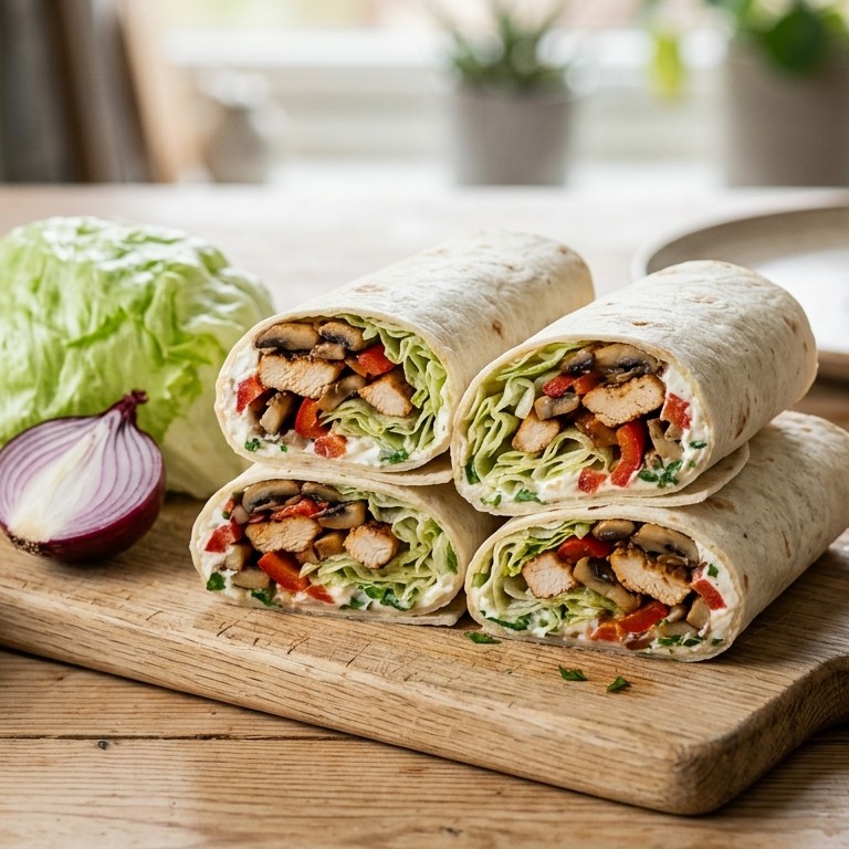 Wraps met roomkaas, kipfilet, champignons en paprika recept
