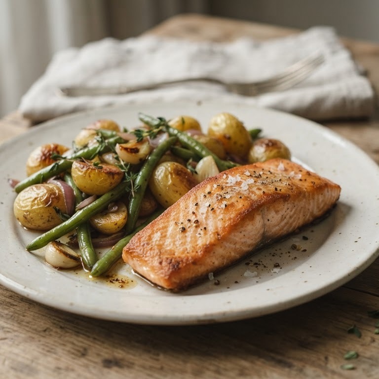 Zalm deluxe met gebakken snijbonen en krieltjes recept