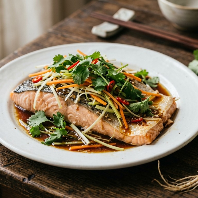 Zalm gestoomd, op z’n Aziatisch recept