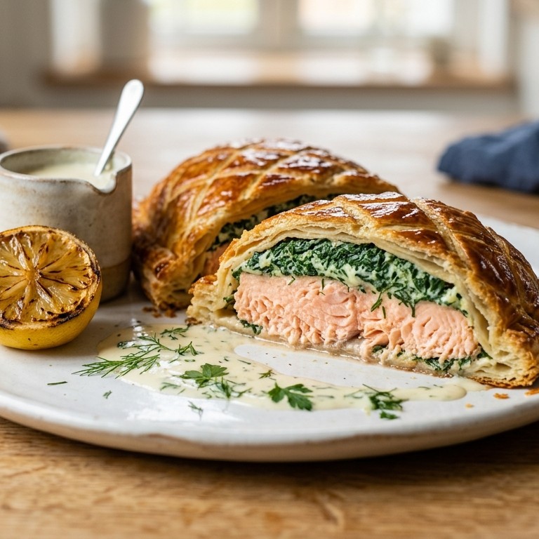 Zalm in bladerdeeg met spinazie recept