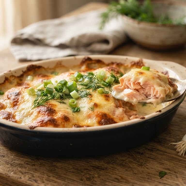 Zalm in kaassaus met bosuitjes uit de oven recept