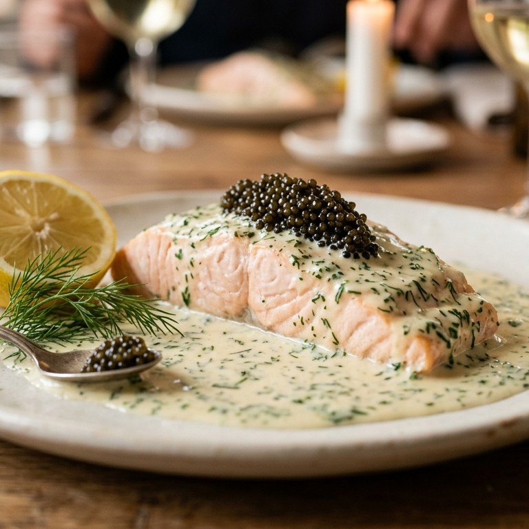 Zalm in kruidenroom met kaviaar recept