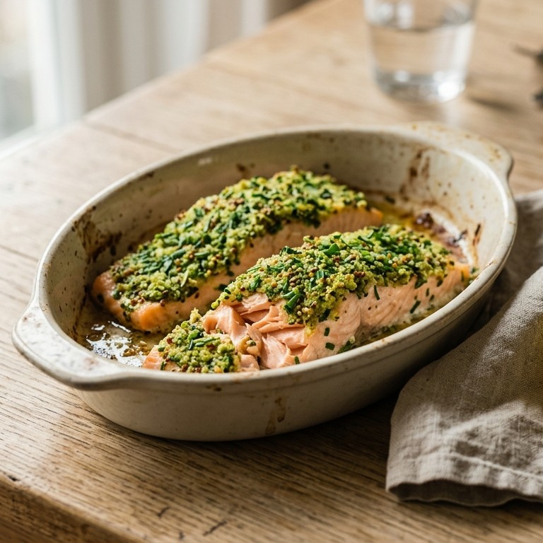 Zalm met bieslook-mosterdpanade recept