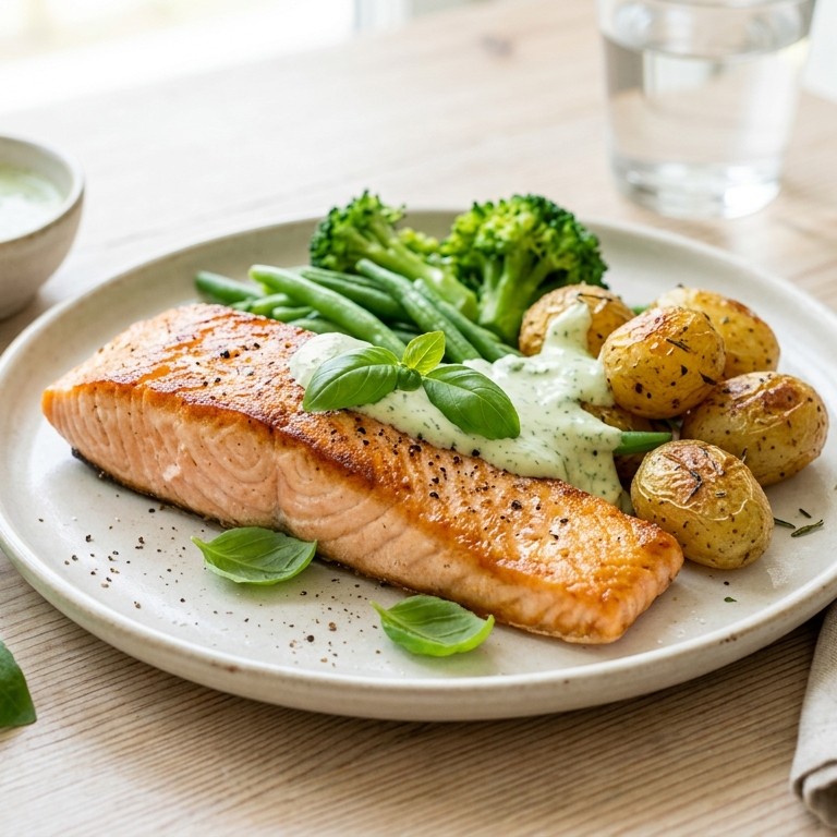 Zalm met groenten, basilicumsaus en krieltjes recept