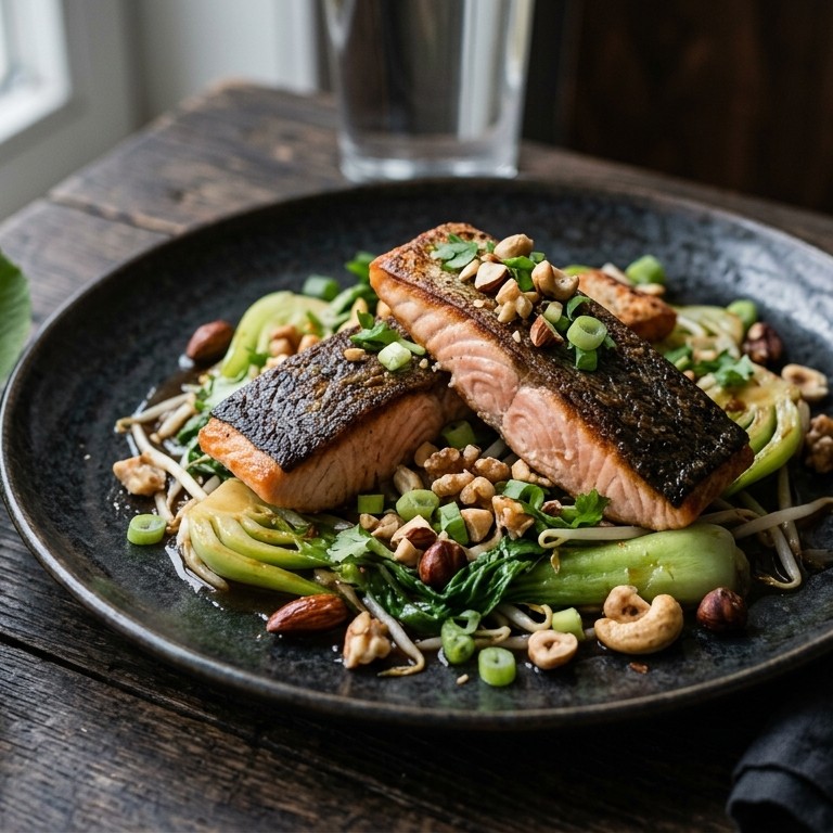 Zalm met paksoi en noten recept