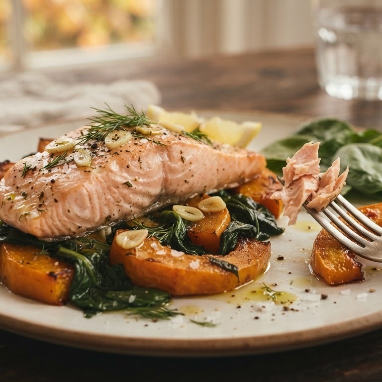 Zalm met pompoen en spinazie recept