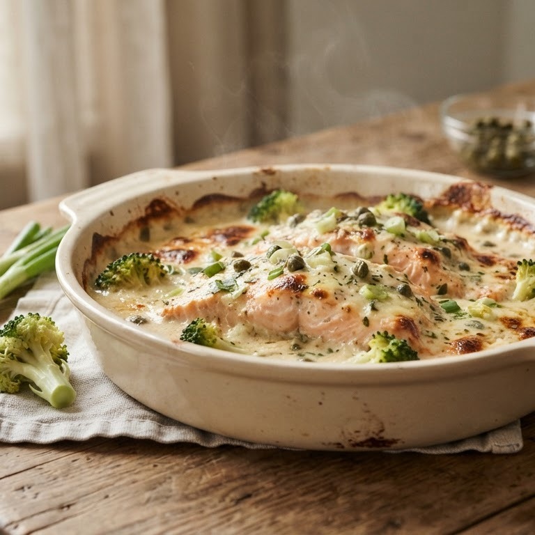 Zalm met slagroom en bosui uit de oven recept