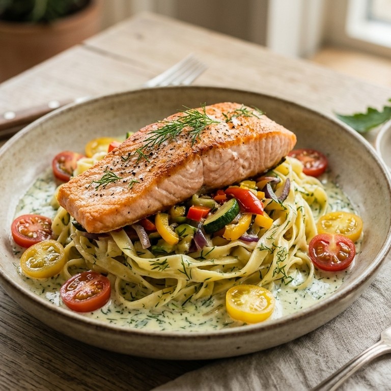 Zalm met tagliatelle in dillesaus recept