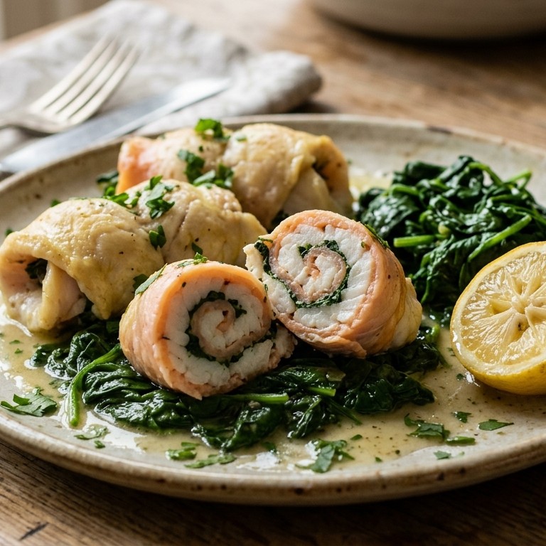 Zalm-scholrolletjes met spinazie recept