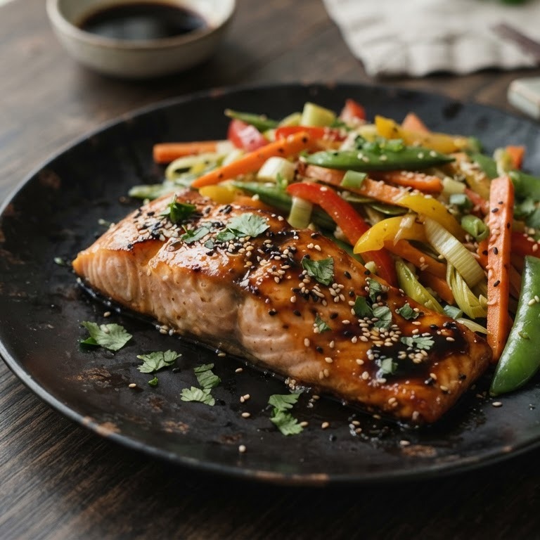 Zalm uit de oven met sesam/sojasaus en gewokte groentes recept