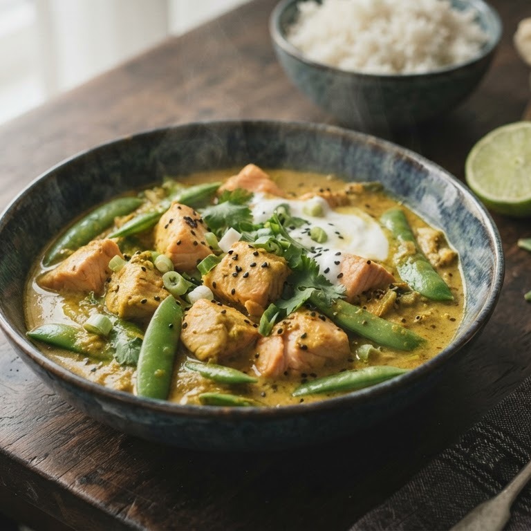 Zalmcurry met peultjes recept