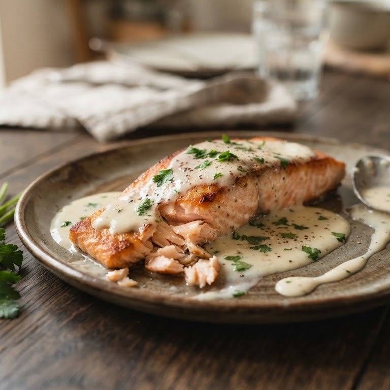 Zalmfilet met knoflook-roomsaus recept