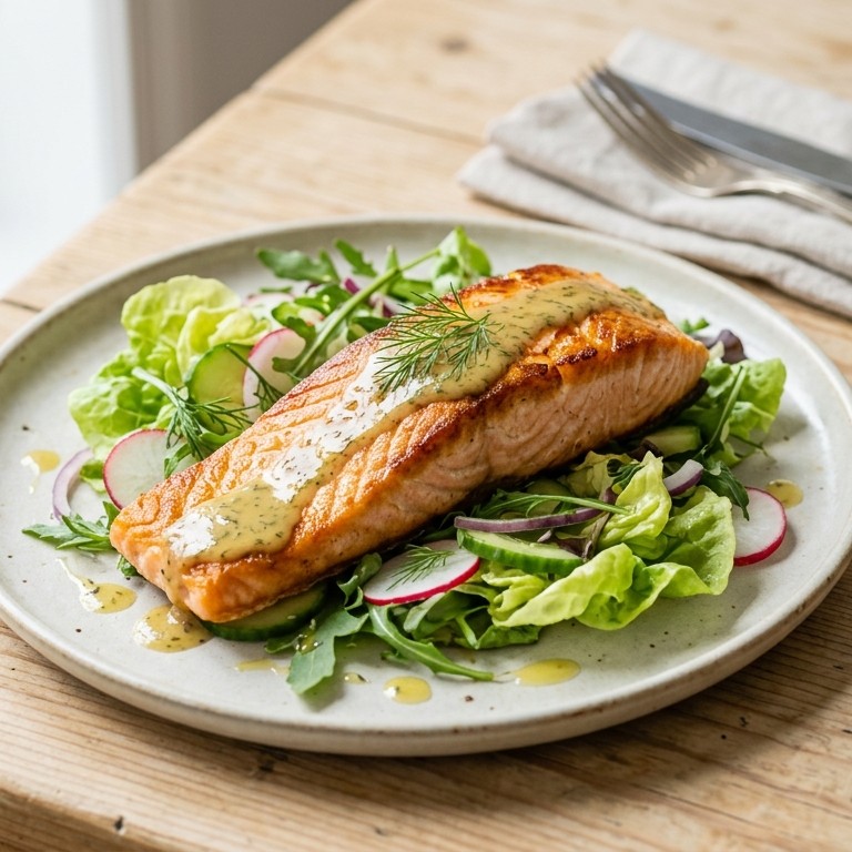 Zalmfilet met sla en gravad-mosterdsaus recept