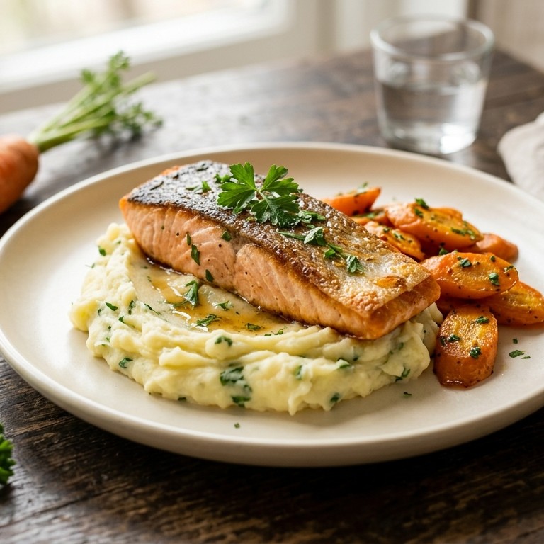 Zalmfilet met winterpeen en aardappelpuree recept
