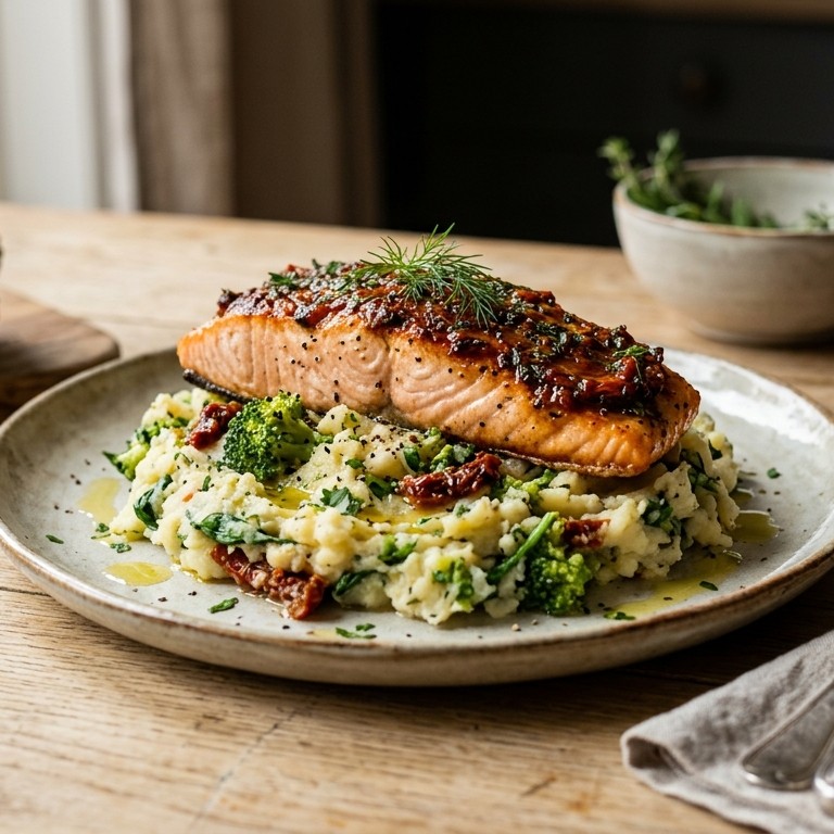 Zalmfilet op Italiaanse groentestamppot recept